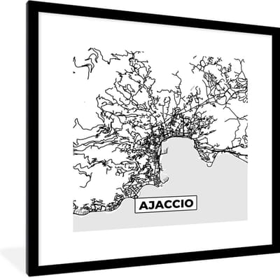 Fotolijst incl. Poster Zwart Wit- Frankrijk - Plattegrond - Ajaccio - Stadskaart - Kaart - Zwart wit - 40x40 cm - Posterlijst