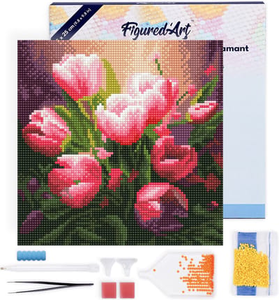 Figured'Art Mini Diamond Painting set Volwassenen 25x25 cm met lijst Mooie Roze Tulpen - 5D DIY Art full drill ronde diamant - Canvas al ingelijst