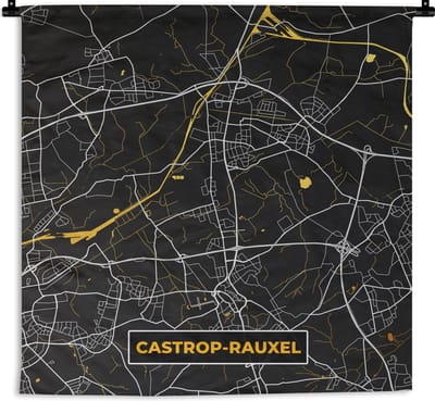 Wandkleed - Wanddoek - Black and Gold – Stadskaart – Castrop Rauxel – Duitsland – Plattegrond – Kaart - 180x180 cm - Wandtapijt