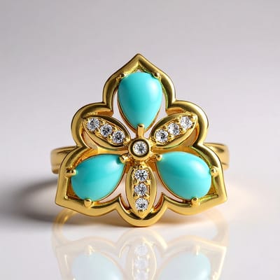 Cavill - elegante vergulde 925 sterling zilveren ring met turkoois 1,864 ct en zirkonen 0,210 ct - stijlvolle bloemring met peervormige cabochons