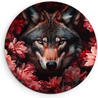 Saammp Muurcirkel Hout - Wolf tussen de rode bloemen - Abstract - Dieren - Natuur - Ø 90 - Wandcirkel - Wanddecoratie Cirkel - muurdecoratie Woonkamer - Slaapkamer decoratie - Rond Schilderij