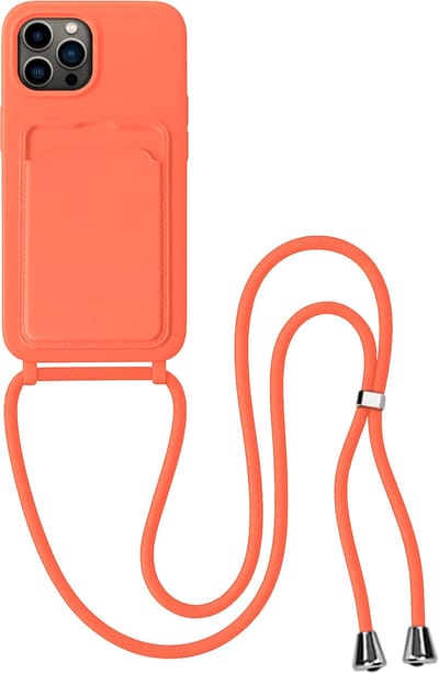 Hoes Geschikt voor iPhone 14 Pro Max Hoesje Pas Houder Case Hoes Met Koord - Hoesje Geschikt voor iPhone 14 Pro Max Hoes Met Telefoonkoord Pasjeshouder Cover - Papaya