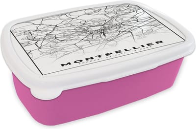 Broodtrommel Roze - Lunchbox - Brooddoos - Stadskaart - Montpellier - Plattegrond - Kaart - Frankrijk - Zwart wit - 18x12x6 cm - Kinderen - Meisje