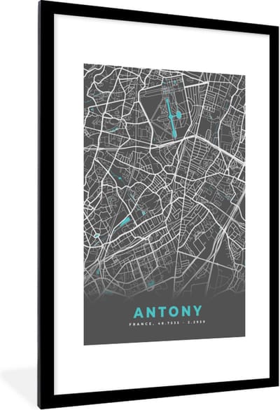 Fotolijst incl. Poster - Antony - Kaart - Plattegrond - Stadskaart - Frankrijk - 80x120 cm - Posterlijst