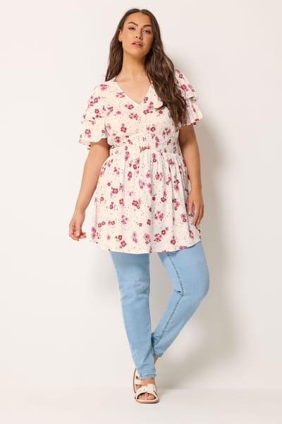 Yours Witte Top Met Bloemenprint En Wijdvallende Mouwen Size 42