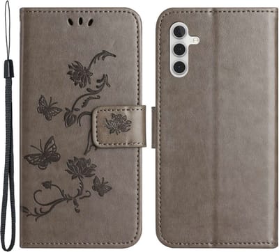 Coverup Hoesje - Geschikt voor Samsung Galaxy A14 Hoesje - Coverup Bloemen & Vlinders Book Case - Taupe Grijs
