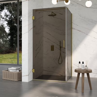 FugaFlow Eccelente Vetro Douchecabine - 80x140x200cm - scharnieren - deurgreep - vlak - rookglas - Geborsteld Messing PVD (Goud)