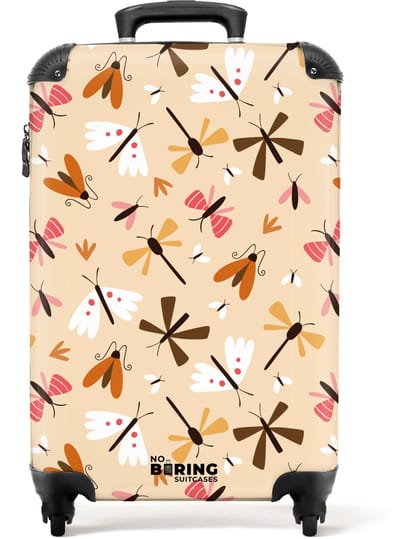 NoBoringSuitcases.com® - Kinderkoffer meisje - Kindertrolley meisjes - Insectenpatroon in beige, roze en oranje - Handbagage koffer lichtgewicht - Reiskoffer trolley kinderen - Rolkoffer met wieltjes - Past binnen 55x40x20 en 55x35x25