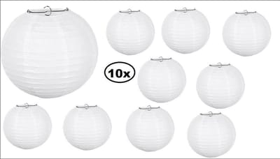 10x Lampion papier wit met draadstalen frame