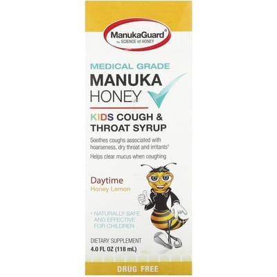 ManukaGuard, Miel de Manuka, Sirop pour la toux et la gorge pour enfants, Jour, Miel Citron, 4 fl oz (118ml)