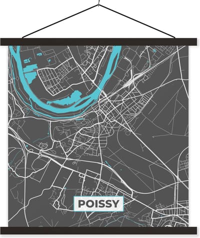 Posterhanger incl. Poster 60x60 cm - Schoolplaat - Plattegrond - Stadskaart - Kaart - Poissy - Frankrijk - Textielposter - Zwarte latten - Stadskaart
