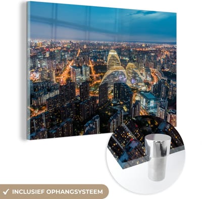 ® Glasschilderij 180x120 cm - Schilderij acrylglas - Luchtfoto van de miljoenenstad Beijing - Foto op glas - Muurdecoratie woonkamer - Wanddecoratie slaapkamer - Schilderijen
