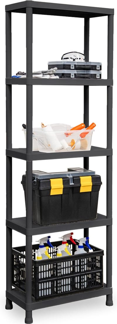 Plasticforte opbergrek schuur/zolder - kunststof - zwart - 60 x 30 x 180 cm - met 5 planken - stellingkast voor berging
