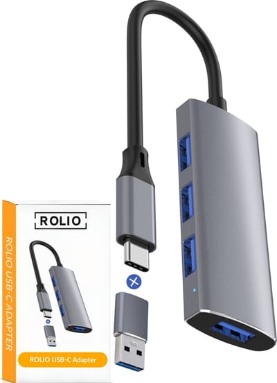 Rolio USB 3.0 Hub - 4x USB-A - USB Splitter - 4 poorten Inclusief USB C Converter - Geschikt voor Macbook Pro / Air / Windows / Universeel