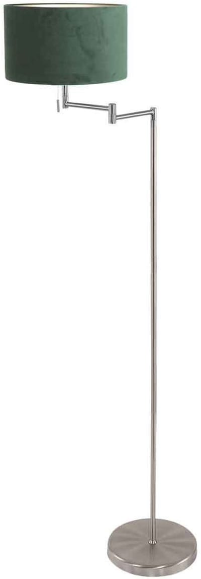 Vloerlampen Staalkleurige Vloerlamp Bella 3880ST met Groen Velours Kap, Metaal/Textiel, 154 cm Hoogte, Draaibaar, Mexlite