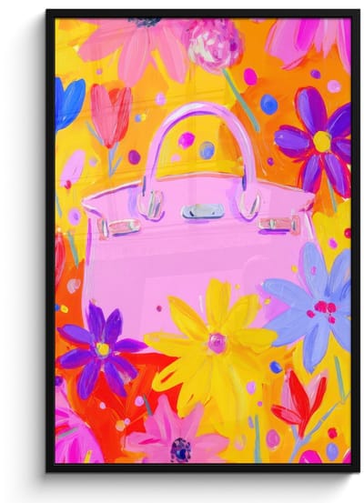Poster in lijst - Fotolijst 80x120 cm - Posters - Tas - Roze - Bloemen - Posterlijst zwart - Decoratie - Wanddecoratie woonkamer - Muurdecoratie slaapkamer