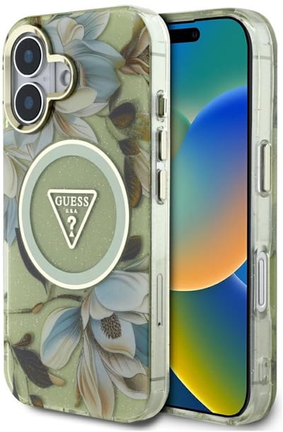 MagSafe hoesje voor Apple iPhone 16, Guess, IML Metal Glitter Flowers Triangle, Groen