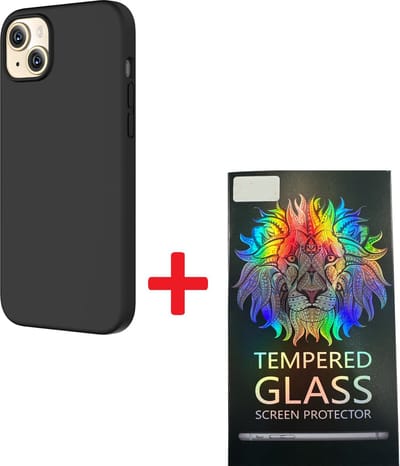 Solid hoesje Soft Touch Liquid Silicone + 1X Screenprotector Tempered Glass - Geschikt voor: iPhone 15 Plus - Zwart