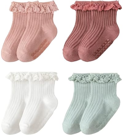 Dailygoods- Babysokjes Antislip - 4 Paar Babysokjes 0-6 Maanden - Ruches/Kanten Randjes - Zacht/Katoenmix - Perfect voor Doop/Feestjes - Comfortabel/Ademend - Babyvoetjes