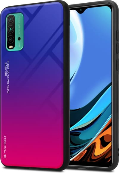 Cadorabo Hoesje geschikt voor Xiaomi RedMi 9T / POCO M3 in PAARS - ROOD - Tweekleurige beschermhoes van TPU-silicone Case Cover en achterzijde van gehard glas