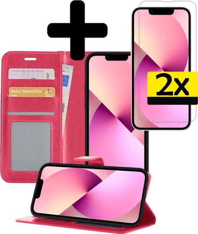 Hoesje - Met 2x Screenprotector - Geschikt voor Apple iPhone 14 - Luxe Pasjeshouder - Bookcase Portemonee - Flip Case - Kunstleer Book Case - Flipcase Hoes - Book Cover - Walletcase - Portemonneehoes - Telefoonhoesjes - Donkerroze
