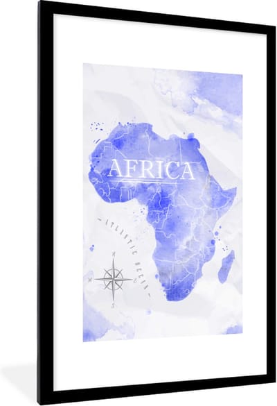 Poster in lijst - Fotolijst 60x90 cm - Posters - Wereldkaarten - Waterverf - Blauw - Posterlijst zwart - Decoratie - Wanddecoratie woonkamer - Muurdecoratie slaapkamer
