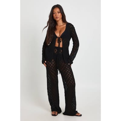 boohoo Dames Gehaakte Gebreide Vest Met Strikdetail En Wijde Broek Co-ord | Zwart | Maat: Small