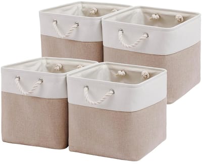 Famanu – Opbergbakken voor organisatie (4 stuks) - extra grote stoffen opbergmanden voor planken met touwen - opvouwbare opbergkubussen voor thuis - kantoor - kast - kleding - speelgoedorganizer (wit en beige - 33 x