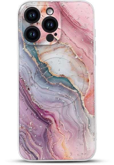 Casemania Hoesje Geschikt voor Apple iPhone 12 Pro - Roze - Marmer Glitter Back Cover met Camera Bescherming - Geschikt voor MagSafe