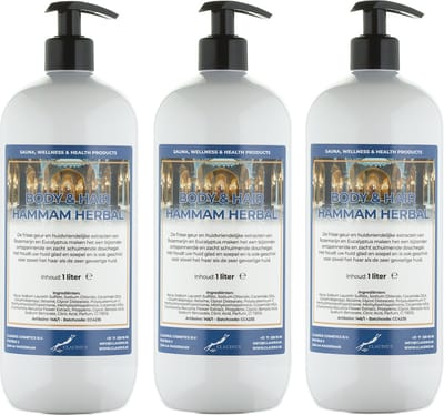 Body & Hair Hammam Herbal 1 Liter - met gratis pomp - set van 3 stuks - 2 in 1 voor lichaam en haar.