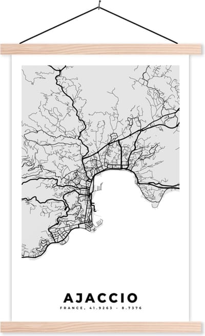 Posterhanger incl. Poster 40x60 cm - Schoolplaat - Frankrijk - Plattegrond - Kaart - Ajaccio - Stadskaart - Textielposter - Blanke latten - Stadskaart