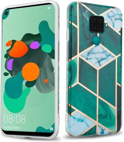 Cadorabo Hoesje geschikt voor Huawei MATE 30 LITE in Donkergroen Wit Goud Marmer No. 6 - Beschermhoes gemaakt van TPU siliconen Case Cover met mozaïek motief