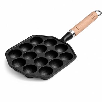 BSS® Poffertjesmaker Gietijzer met 14 Bakvormen – Takoyaki Pan met Afneembaar Handvat – Voor Poffertjes, Mochi en Mini Pannenkoeken