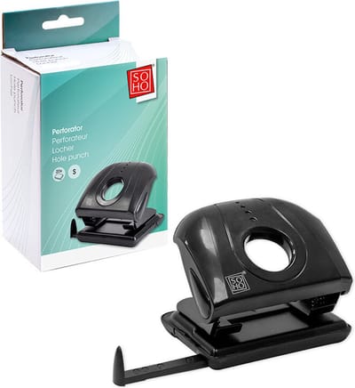 SOHO Perforator – Perforator 2–gaats – Perforeert tot 20 vellen – Perforator met opvangbakje – Powersafe – Voorzien van Eurolock – 9 x 12 cm – Zwart
