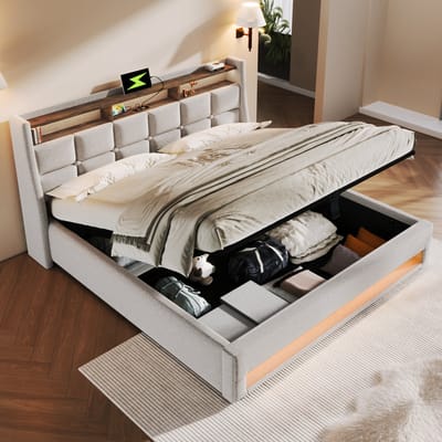 MODFU Bedframe 160x200 cm – Met LED, USB en hydraulische opbergruimte – Gestoffeerd in beige linnen