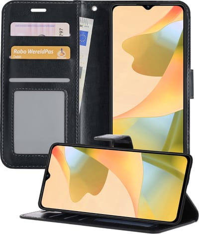 Hoesje - Met Pasjeshouder - Geschikt voor OPPO A16 - Luxe Bookcase Portemonee - Flip Case - Kunstleer Book Case - Flipcase - Book Cover - Walletcase - Portemonneehoes - Telefoonhoesjes - Zwart
