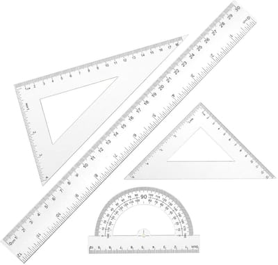 4-delige Geometrie Set – Transparant Lineal Set met Geodriehoek, Winkelhaak & Meetlat – Kunststof Reken- en Tekenhulpmiddel voor School, Studie & Kantoor