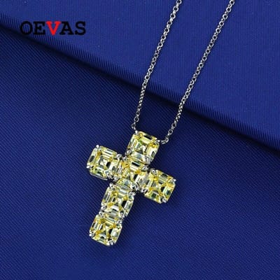 100% 925 Sterling Zilver 7*7mm Gele Kruis Hoge Koolstof Diamant Hanger Ketting Voor Vrouwen Sprankelende Feest Fijne Sieraden blue