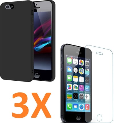 Soft TPU Zwart hoesje Silicone Case + 3 stuks Glas Screenprotector -  Geschikt voor: iPhone 5C