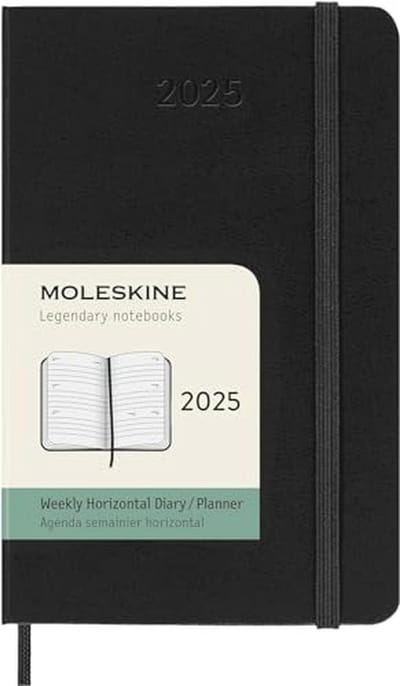 Horizontale Wekplanner voor 2025 - Harde Kaft, Elastische Sluiting, Zakformaat 9x14 cm