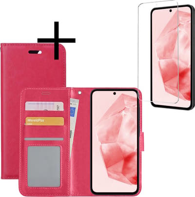 Hoesje - Met Screenprotector - Geschikt voor Samsung Galaxy A35 - Luxe Pasjeshouder - Bookcase Portemonee - Flip Case - Kunstleer Book Case - Flipcase - Book Cover - Walletcase - Portemonneehoes - Donkerroze
