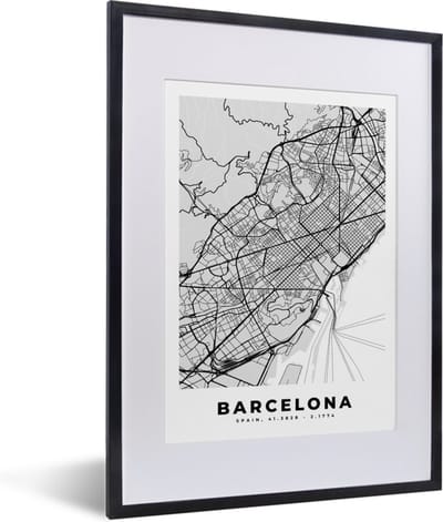Fotolijst incl. Poster Zwart Wit- Barcelona - Stadskaart - Plattegrond - Zwart Wit - Kaart - 30x40 cm - Posterlijst