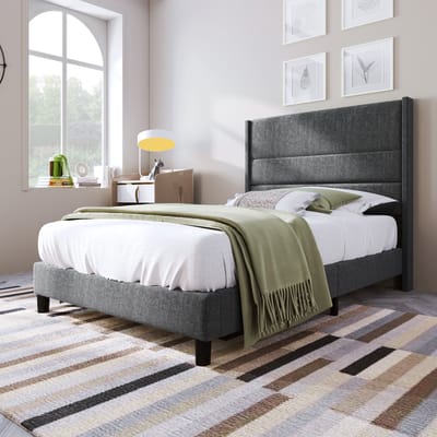 MEUNIQ gestoffeerd bed 90 x 200 cm met lattenbodem en hoofdbord, eenpersoons bedframe van stof in grijs, slaapkamer bed met bedruimte onder