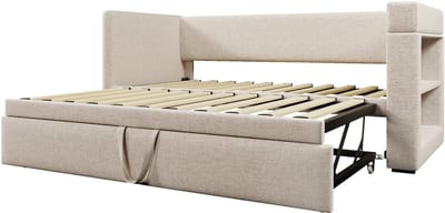 Gestoffeerde slaapbank van 90x190 cm, eenpersoons slaapbank met uittrekbaar ontwerp, armleuningen met USB- en Type-C-oplaadpoorten en bekerhouders, linnenmixstof, beige, matras niet inbegrepen.