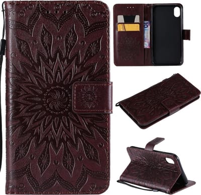 Peachy Zonnebloem patroon Leren Wallet Bookcase geschikt voor iPhone XR hoesje - Bruin standaard