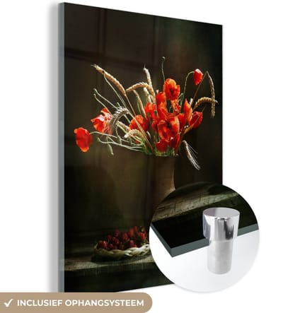 MuchoWow® Glasschilderij 30x40 cm - Schilderij acrylglas - Klaprozen - Stilleven - Fruit - Foto op glas - Schilderijen