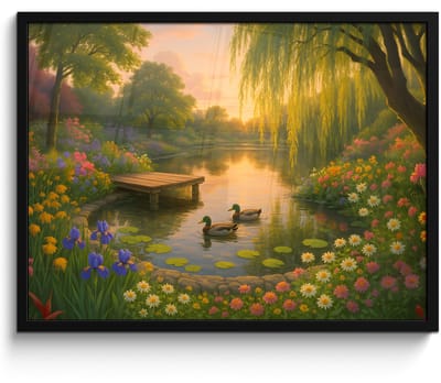 Poster in lijst - Fotolijst 80x60 cm - Posters - Eenden - Vijver - Bloemen - Posterlijst zwart - Decoratie - Wanddecoratie woonkamer - Muurdecoratie slaapkamer