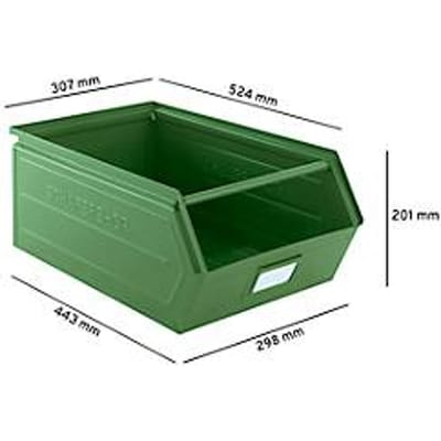 Schäfer Shop Select magazijnbak met open voorzijde, met draagbeugel, L 524 x B 307 x H 201 mm, 26 l, 120 kg, staal, RAL 6011 (resada groen)