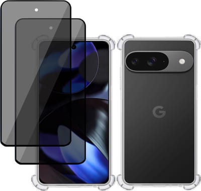 Hoesje + 2x Privé Screenprotector geschikt voor Google Pixel 9 / 9 Pro – Privacy Tempered Glass - Case Transparant