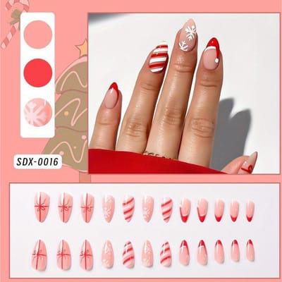 24 stuks French Press-on Nagels Amandel Kerstmuts Rood en Wit Gestreept Strik Sneeuwvlok Valse Nagels Kawaii Nepnagels Medium 24pcs
